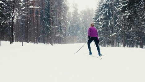 WIDE-TRACKING-Back-view-of-young-adult-Caucasian-female-athlete-practicing-cross-country-skiing-on-a-scenic-forest-trail.-4K-UHD-60-FPS-SLO-MO